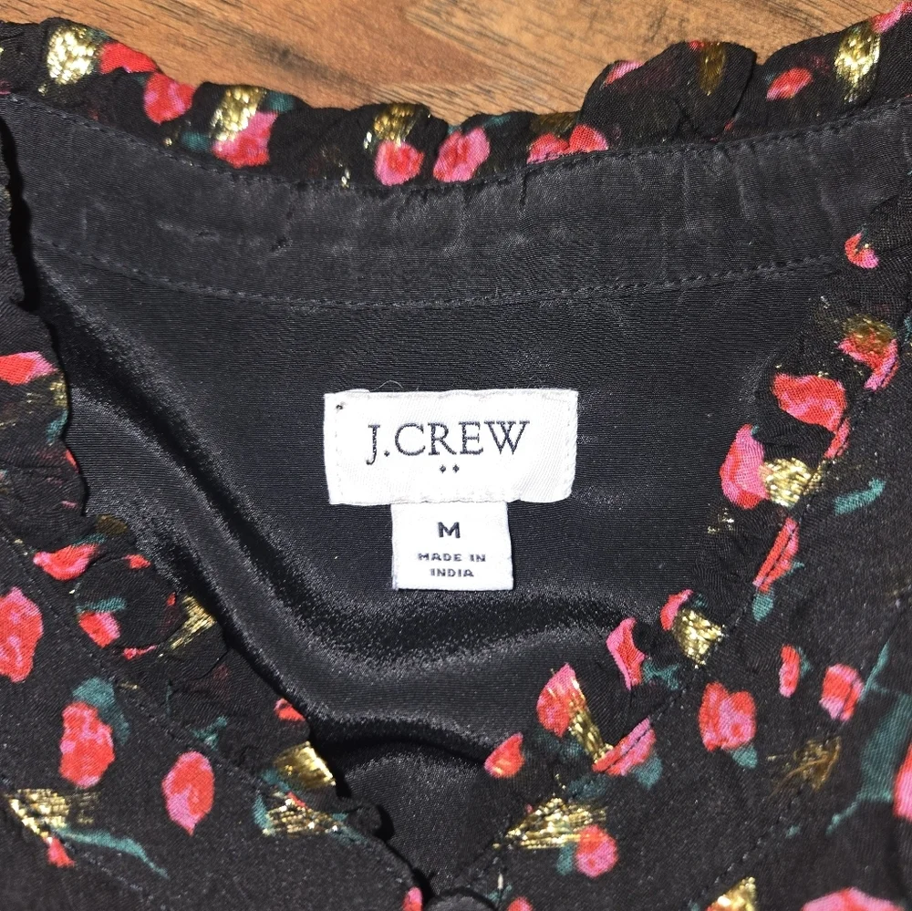 J. Crew Black Red Gold Ruffle Flutter Sleeve Floral Top Medium